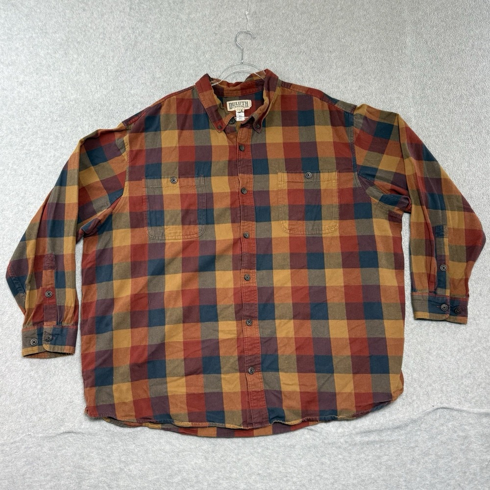 Duluth Trading Co Men's 3XL XXXL Flannel Shirt Orange Plaid Relaxed Fit Autumn
